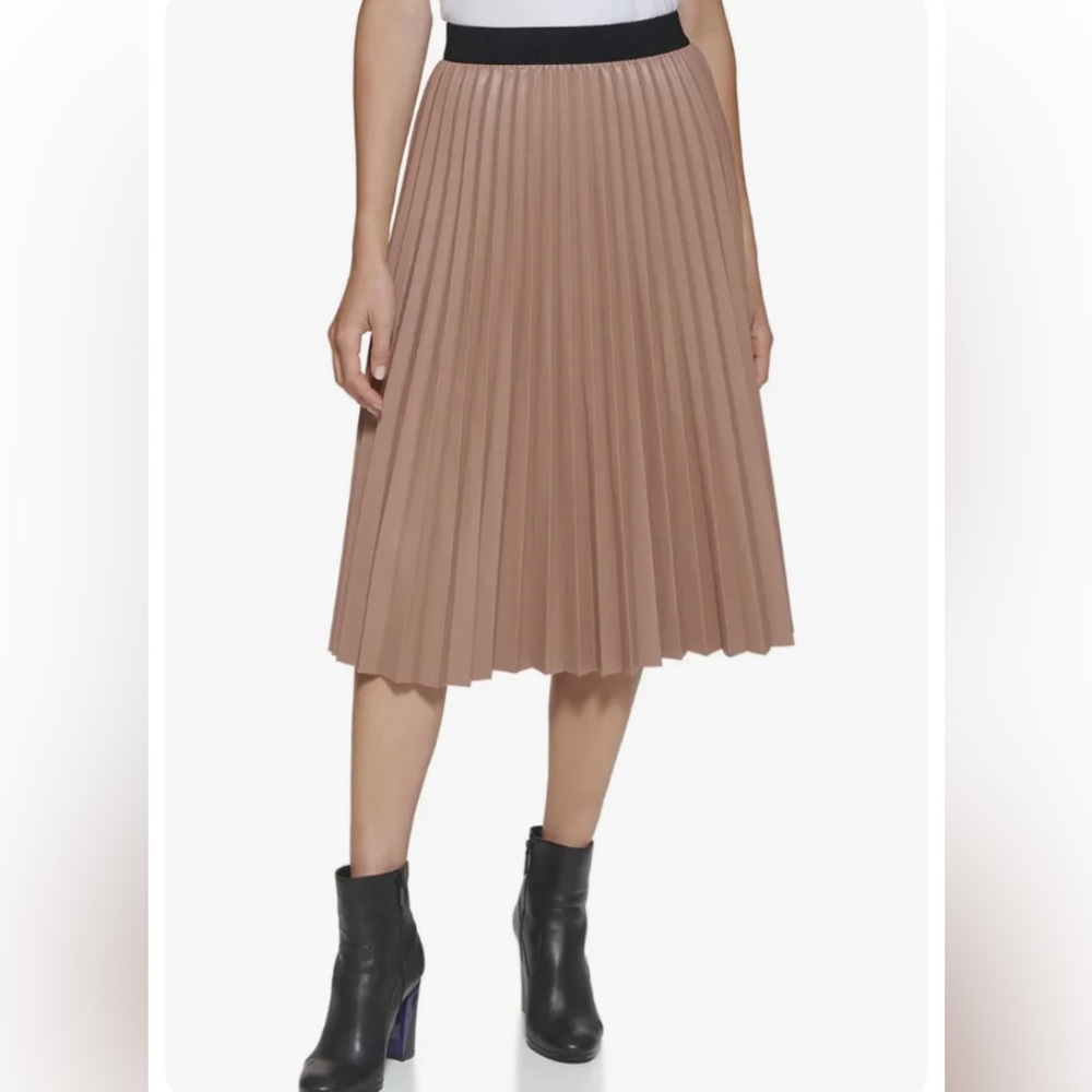 CALVIN KLEIN Women Faux Leather Midi Pleated Skirt L